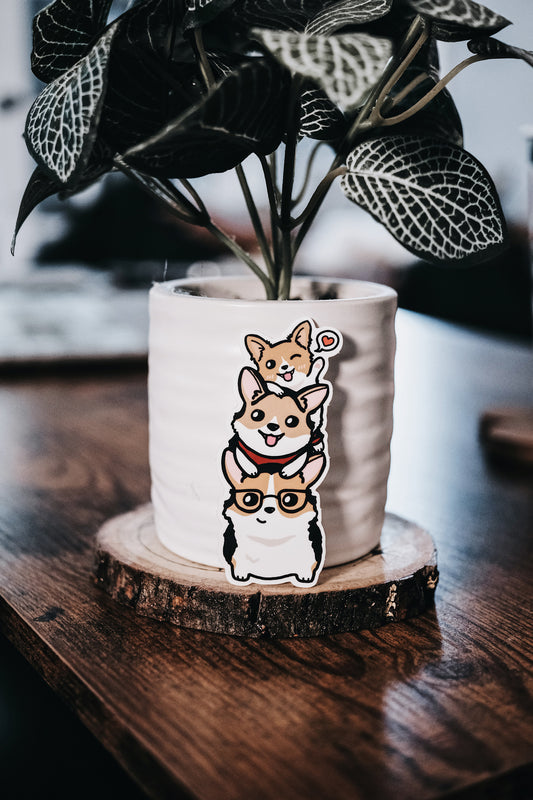 Waterproof VINYL DIECUT STICKER - Bebop Crew 3 Tri-Colored Corgis