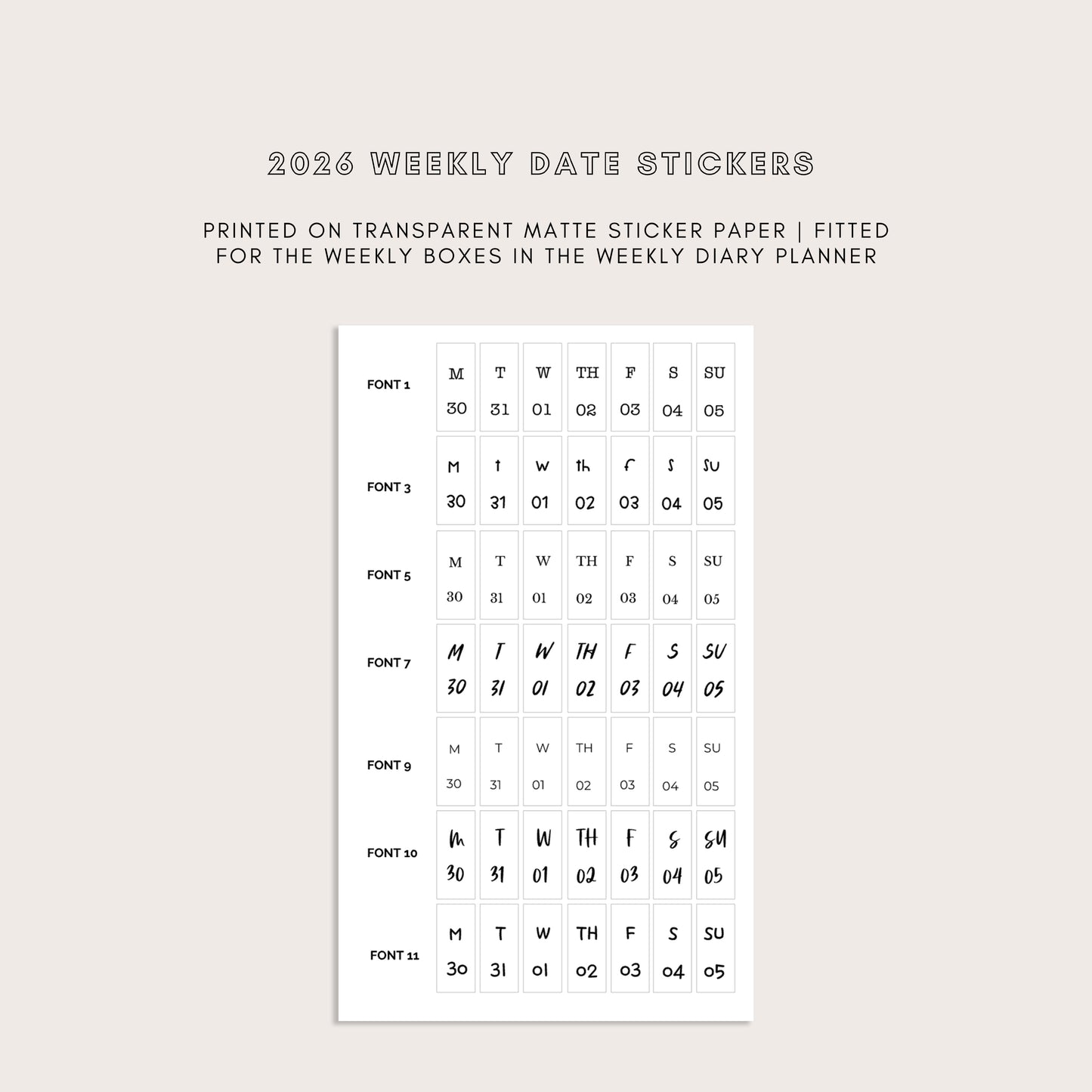 2026 Vertical Weekly Date Stickers (7 Font Choices Available!)