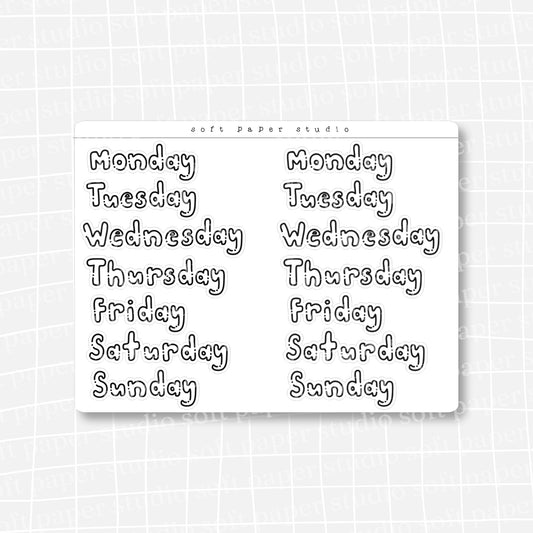 Days of Week Large Handwritten Bujo Block Bubble Letters Stickers