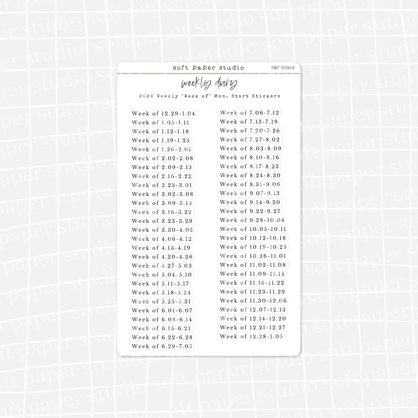 The Weekly Diary: 2026 Weekly "Week Of" Stickers - Sun or Mon start (4 Font Choices Available!)