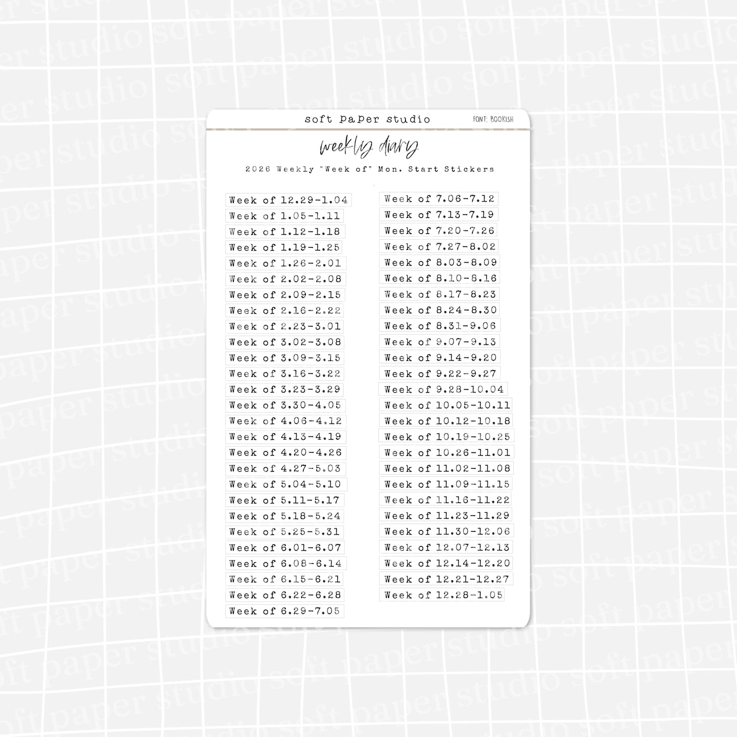 The Weekly Diary: 2026 Weekly "Week Of" Stickers - Sun or Mon start (4 Font Choices Available!)