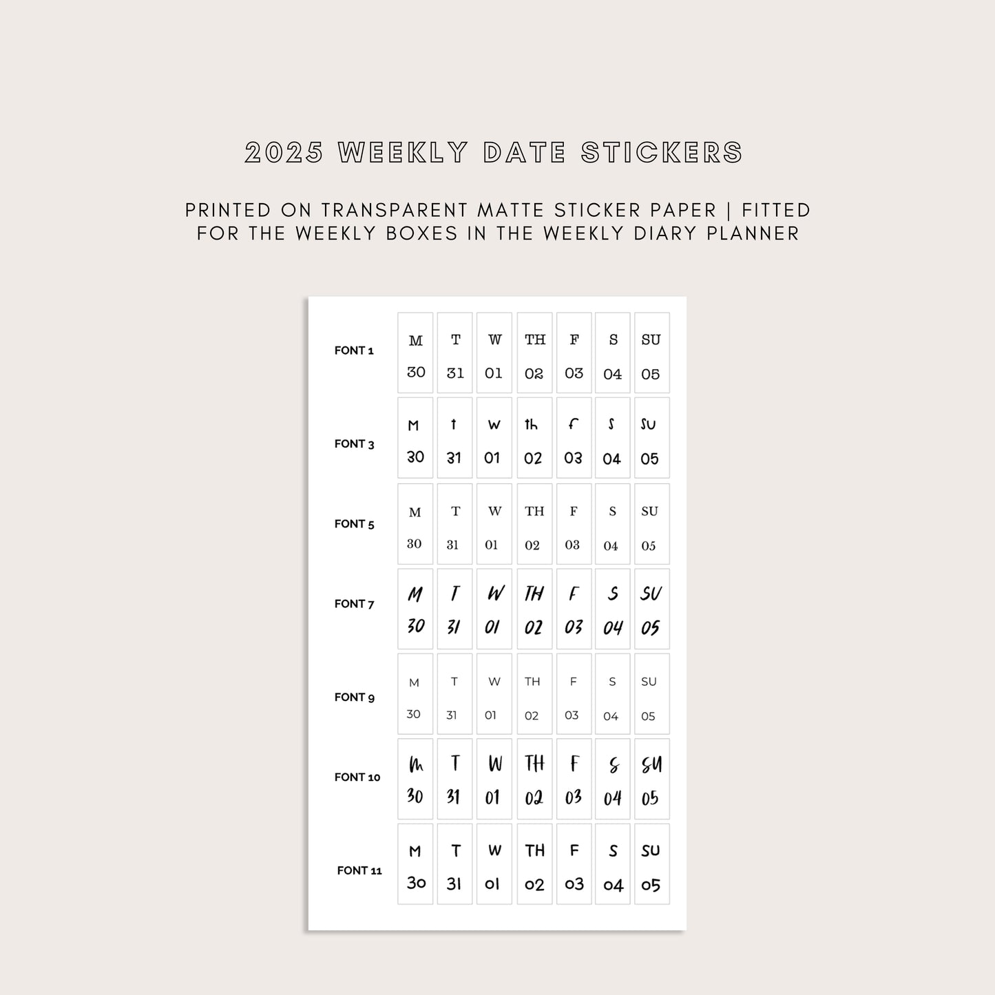 2025 Vertical Weekly Date Stickers (7 Font Choices Available!)