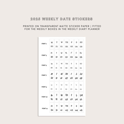 2025 Vertical Weekly Date Stickers (7 Font Choices Available!)