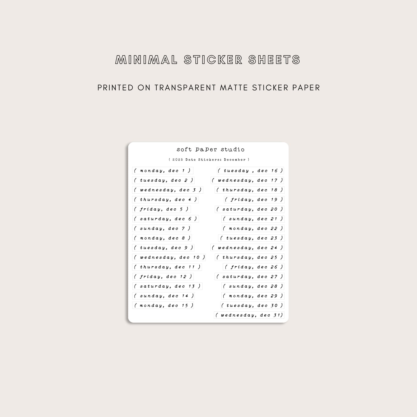 2025 Day of the Week Date Daily Header Stickers