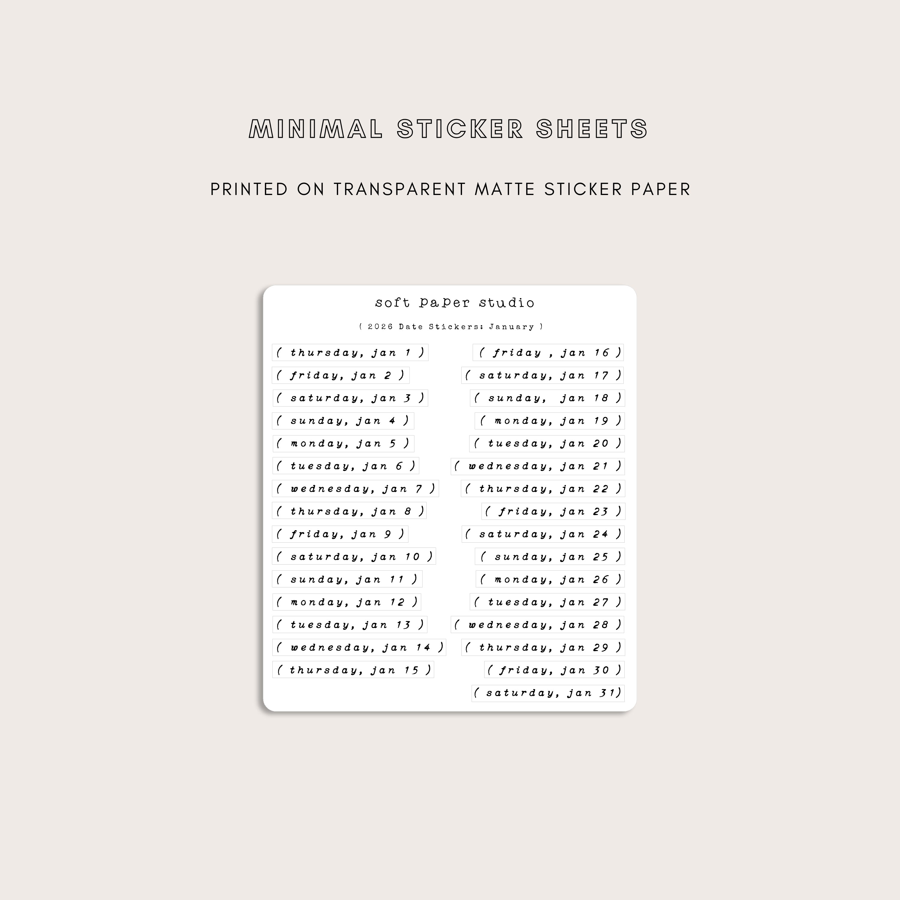 2026 'Day of the Week' Date Daily Header Stickers – Soft Paper Studio