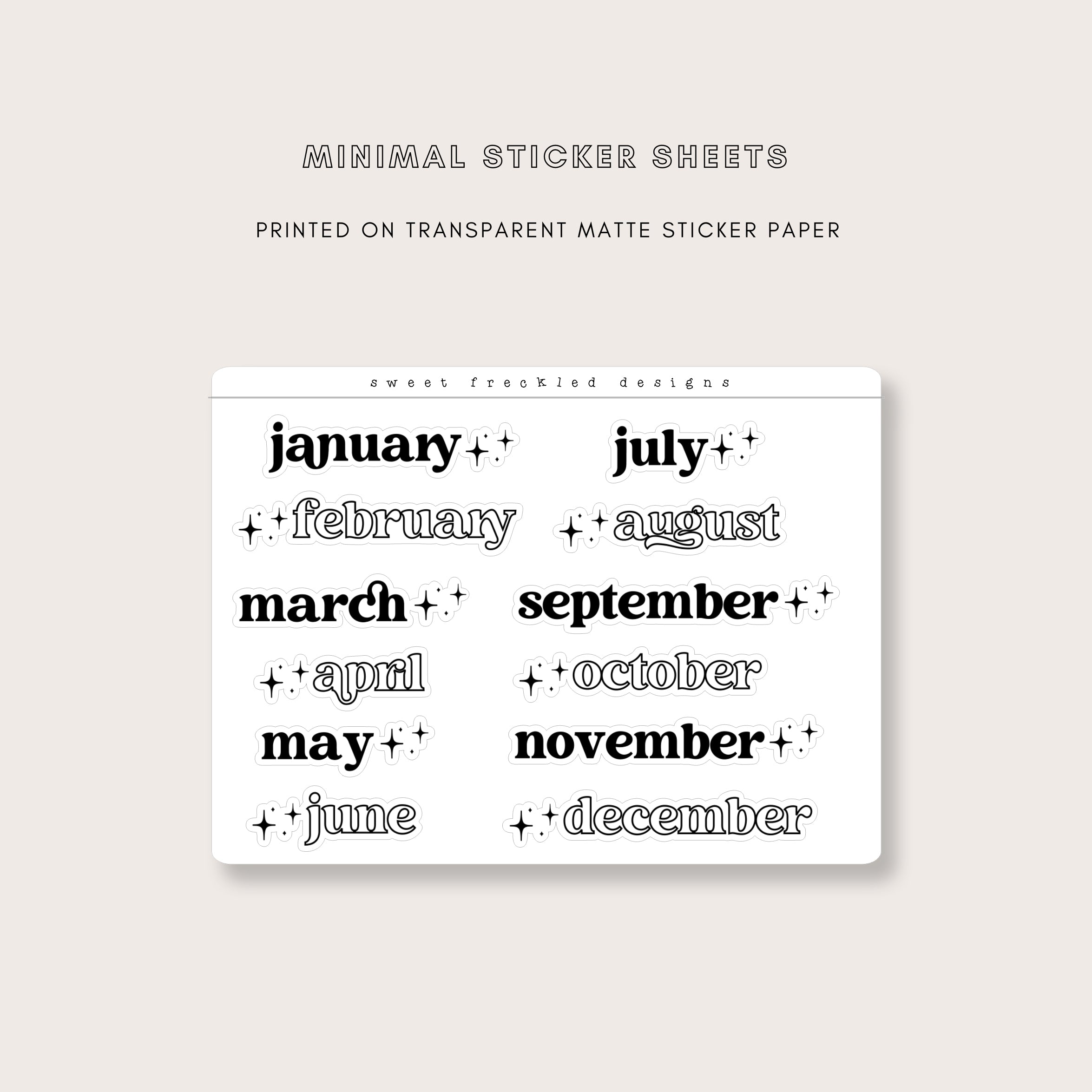 Minimal Months of the Year Fancy Sparkle Stickers (3 Colors Available ...