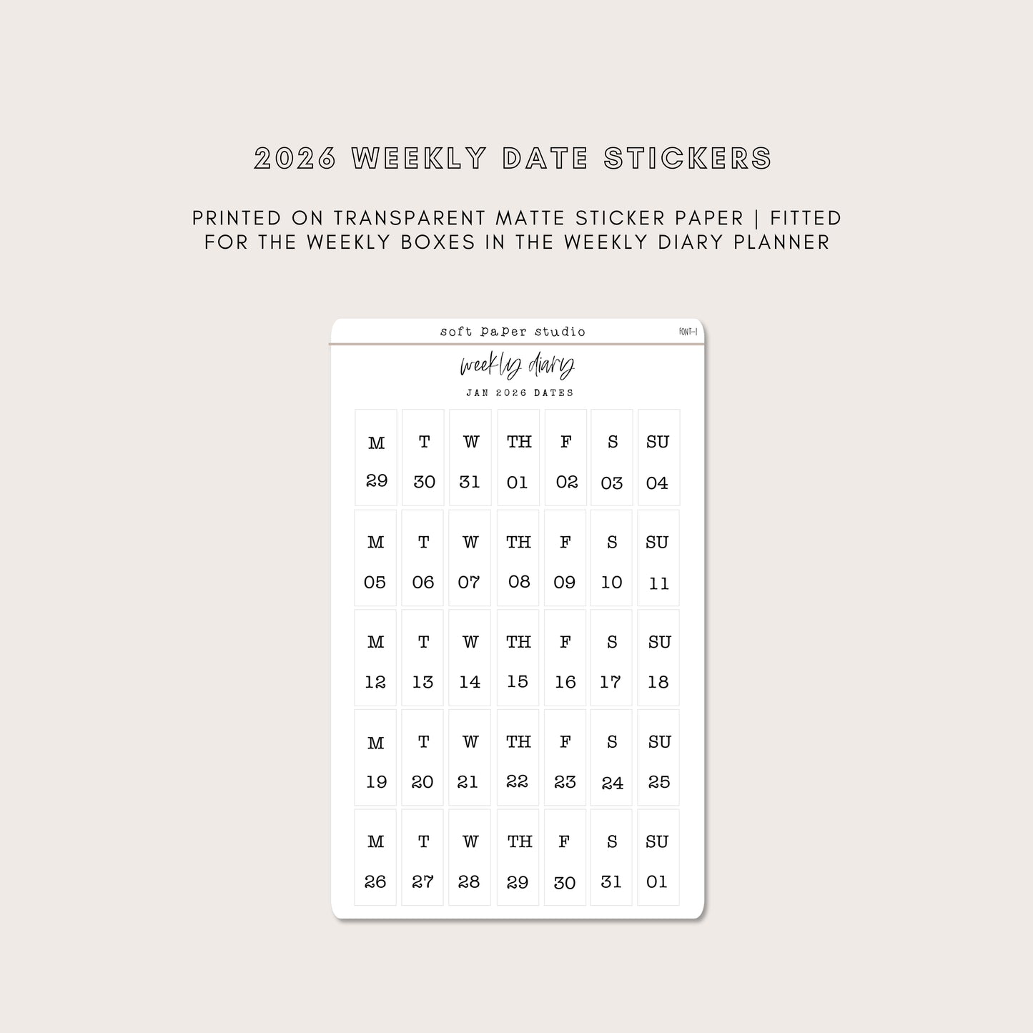 2026 Vertical Weekly Date Stickers (7 Font Choices Available!)