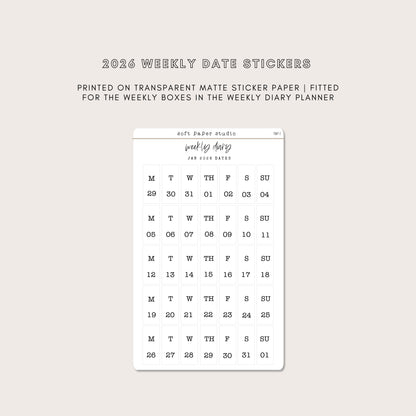 2026 Vertical Weekly Date Stickers (7 Font Choices Available!)