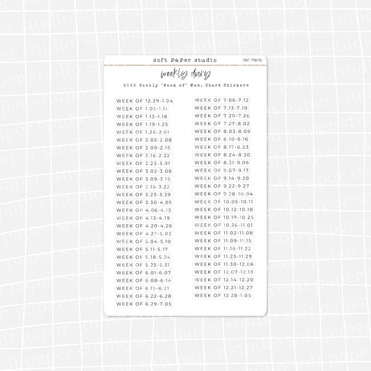 The Weekly Diary: 2026 Weekly "Week Of" Stickers - Sun or Mon start (4 Font Choices Available!)